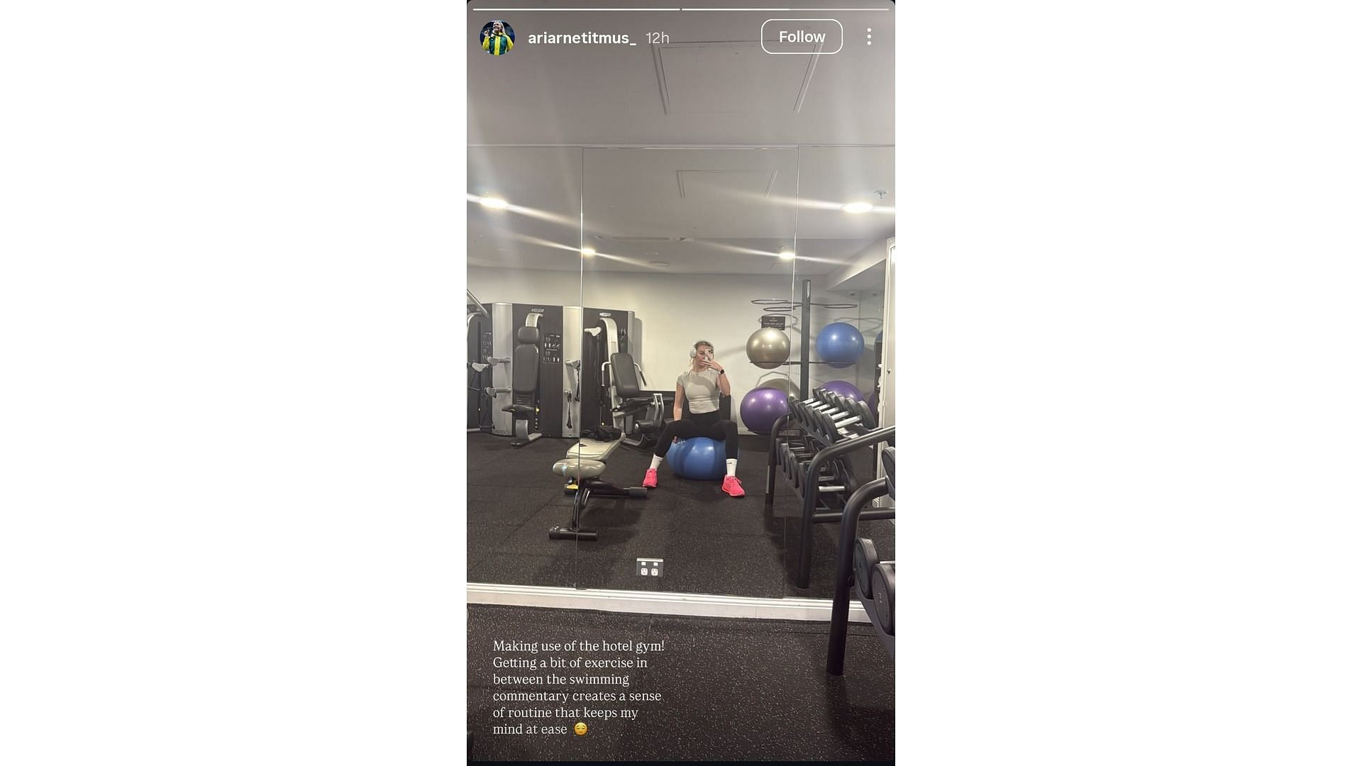 Screenshot of Titmus' workout sessions amidst her commentary role (Image via: @ariarnetitmus_ on Instagram)